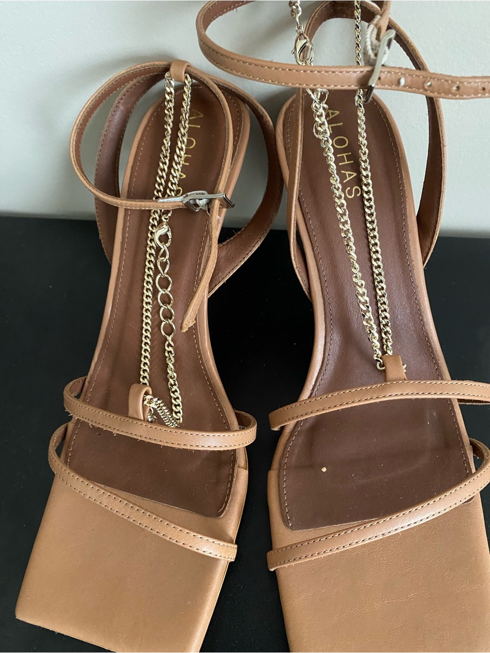 ALOHAS Tan Chain-Strap Square-Toe Women's Sandals 38EU
